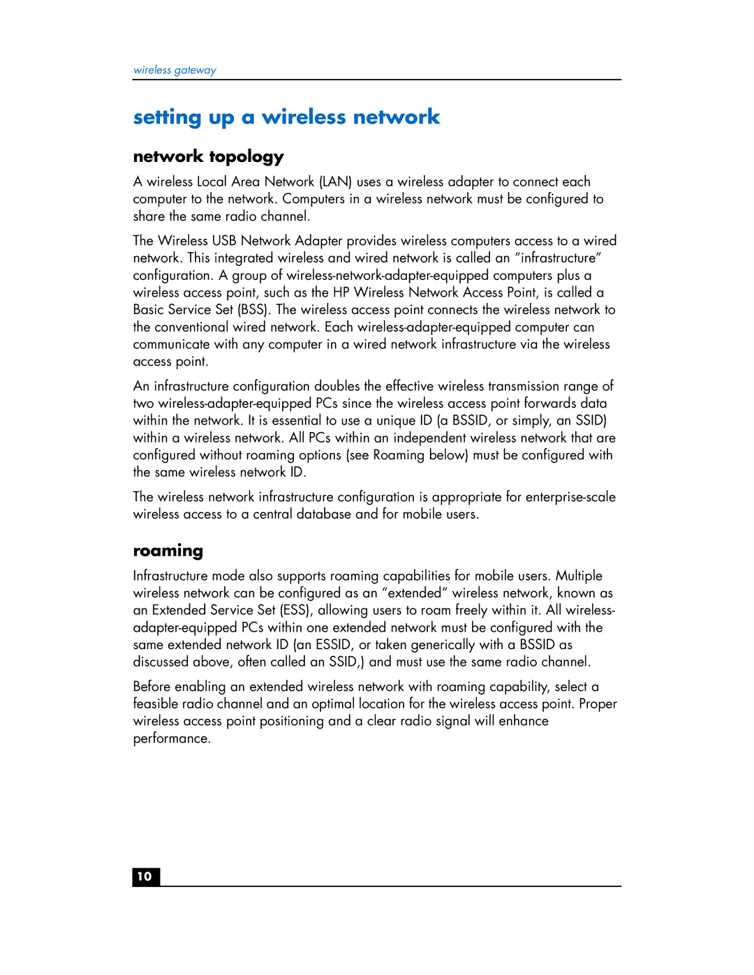 HP hn200w manual Setting up a wireless network, Network topology, Roaming 