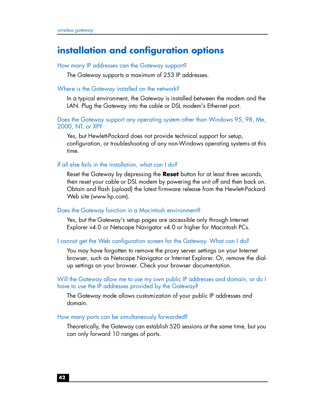 HP hn200w manual Installation and configuration options, How many IP addresses can the Gateway support? 