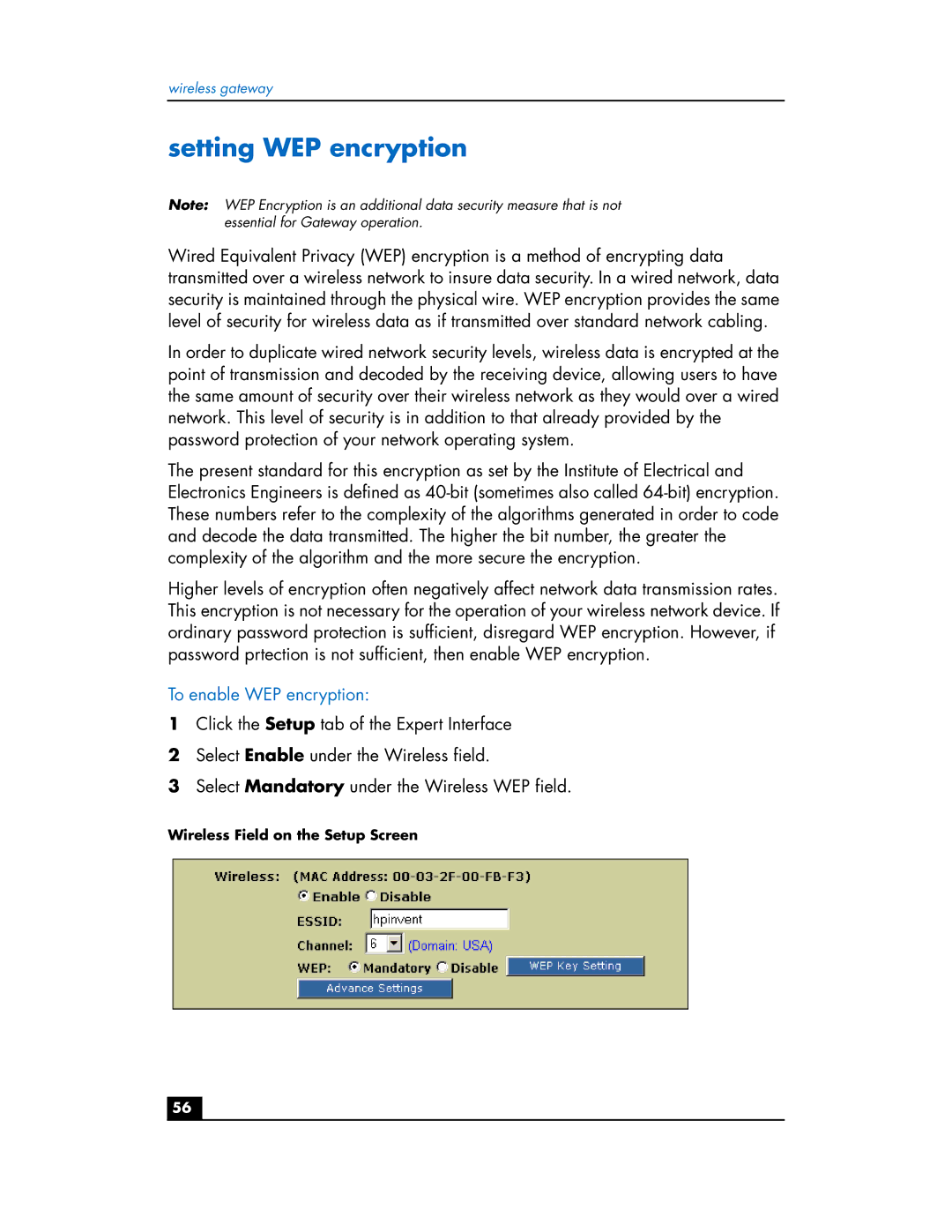 HP hn200w manual Setting WEP encryption, To enable WEP encryption 