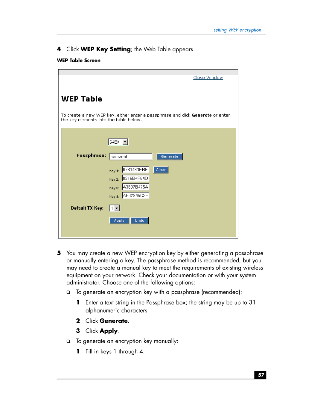HP hn200w manual Click WEP Key Setting the Web Table appears, Click Generate 