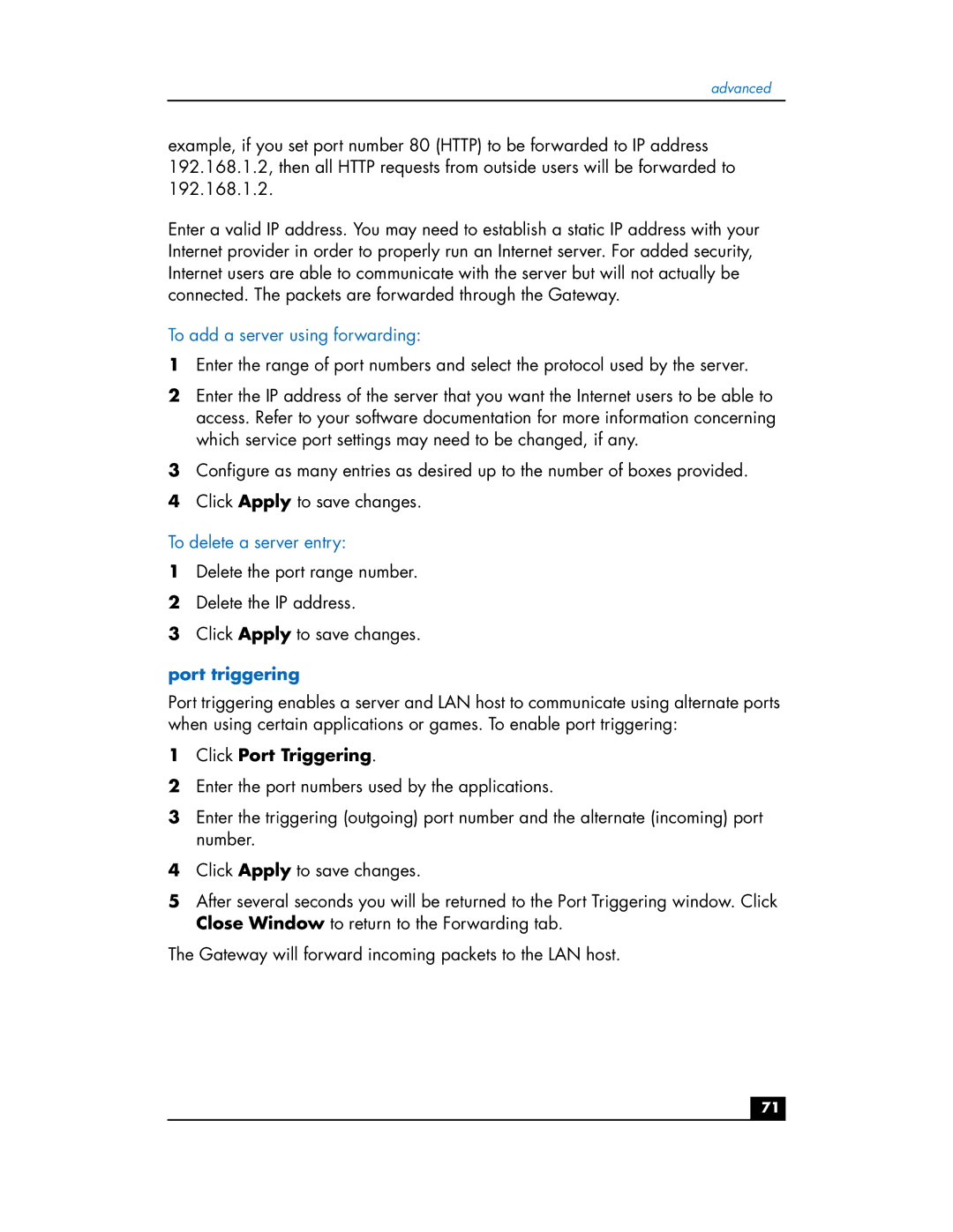 HP hn200w manual To add a server using forwarding, To delete a server entry, Click Port Triggering 