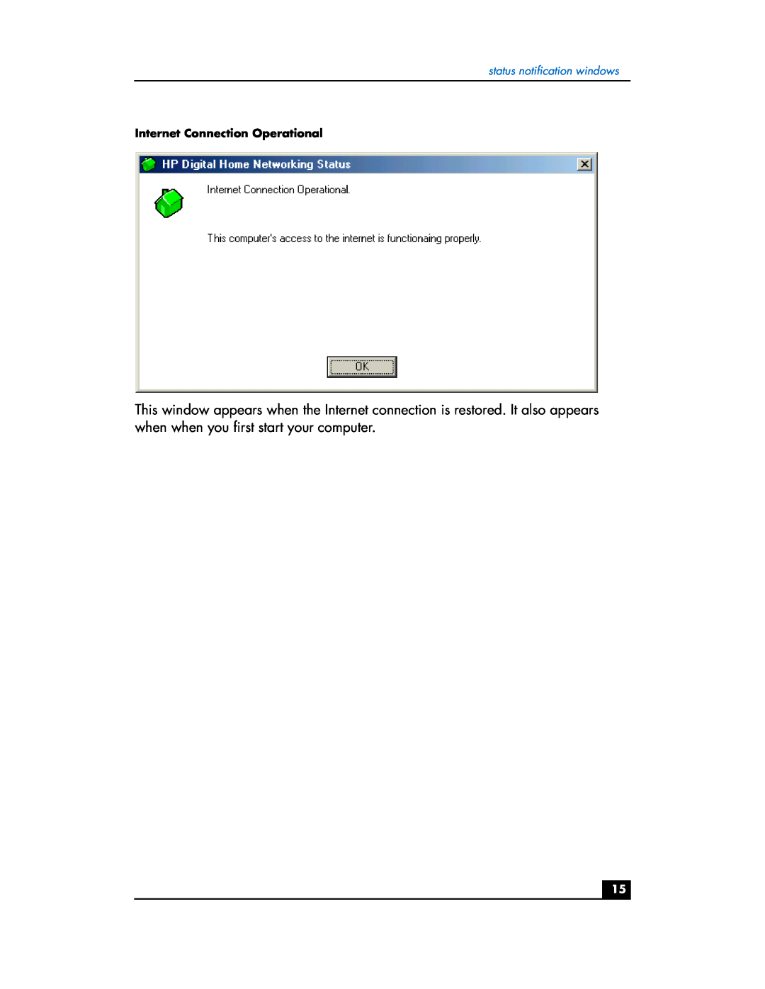 HP hn200w manual status notification windows, Internet Connection Operational 