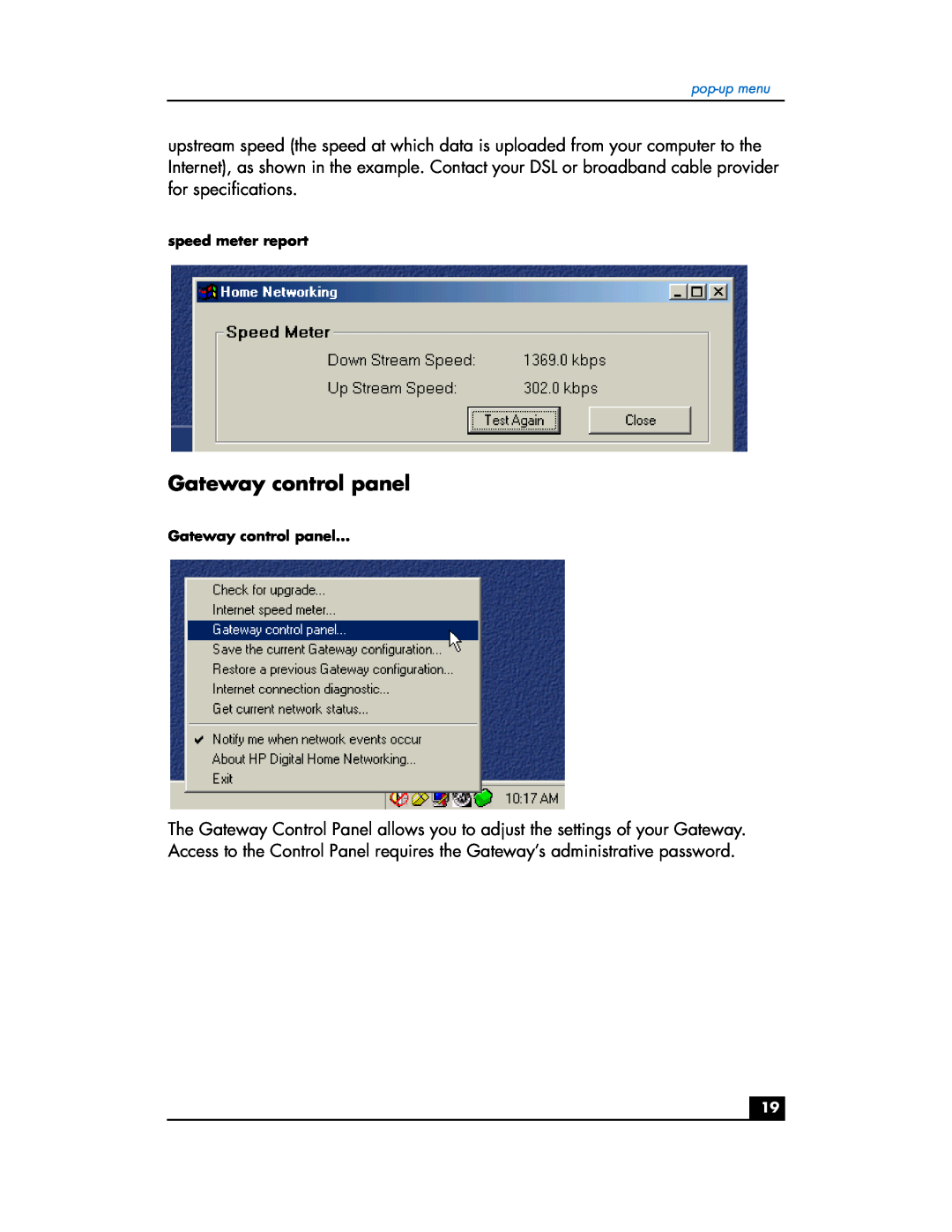 HP hn200w manual Gateway control panel, speed meter report 