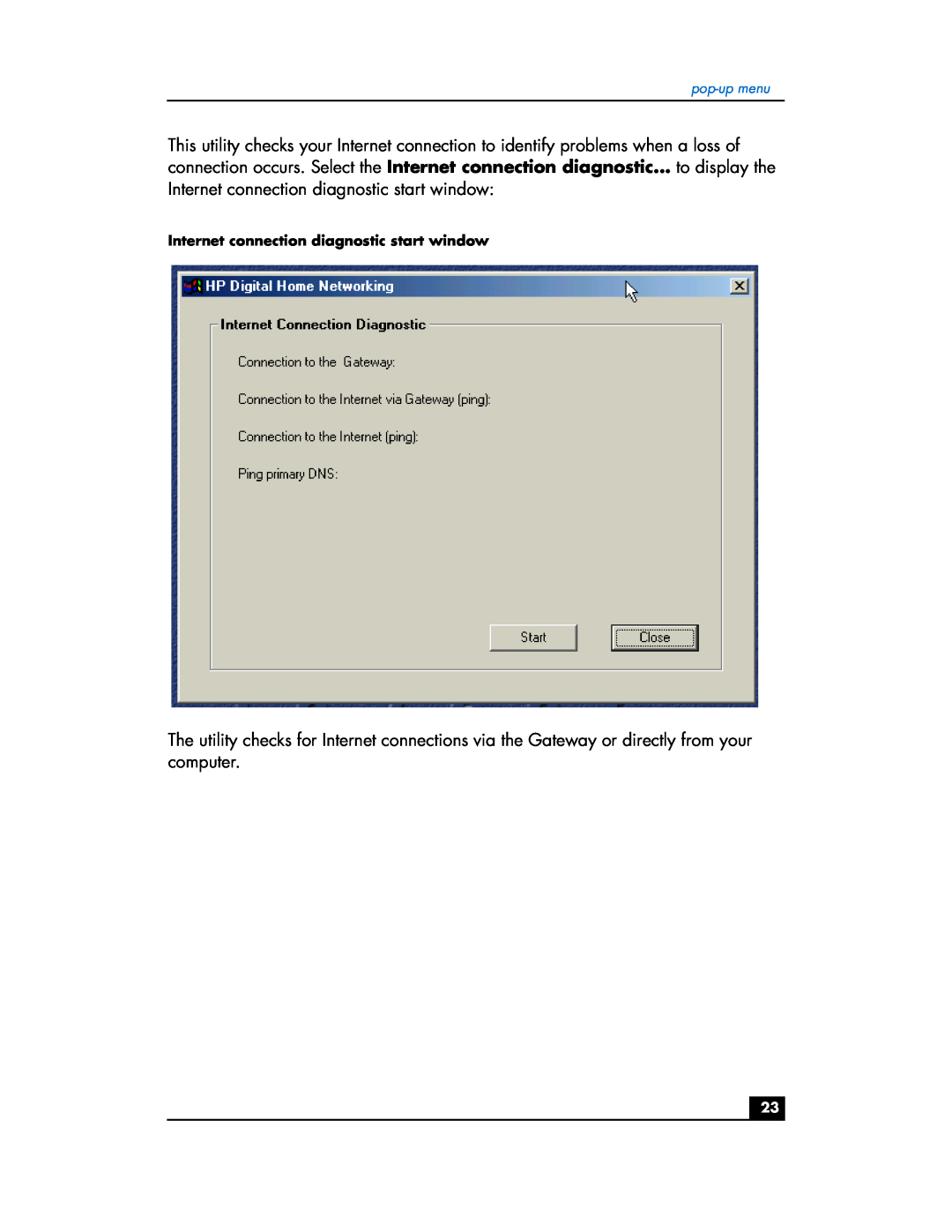 HP hn200w manual Internet connection diagnostic start window 