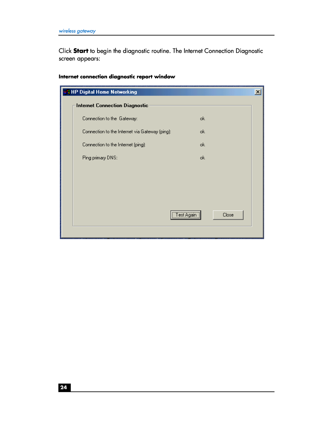 HP hn200w manual wireless gateway, Internet connection diagnostic report window 