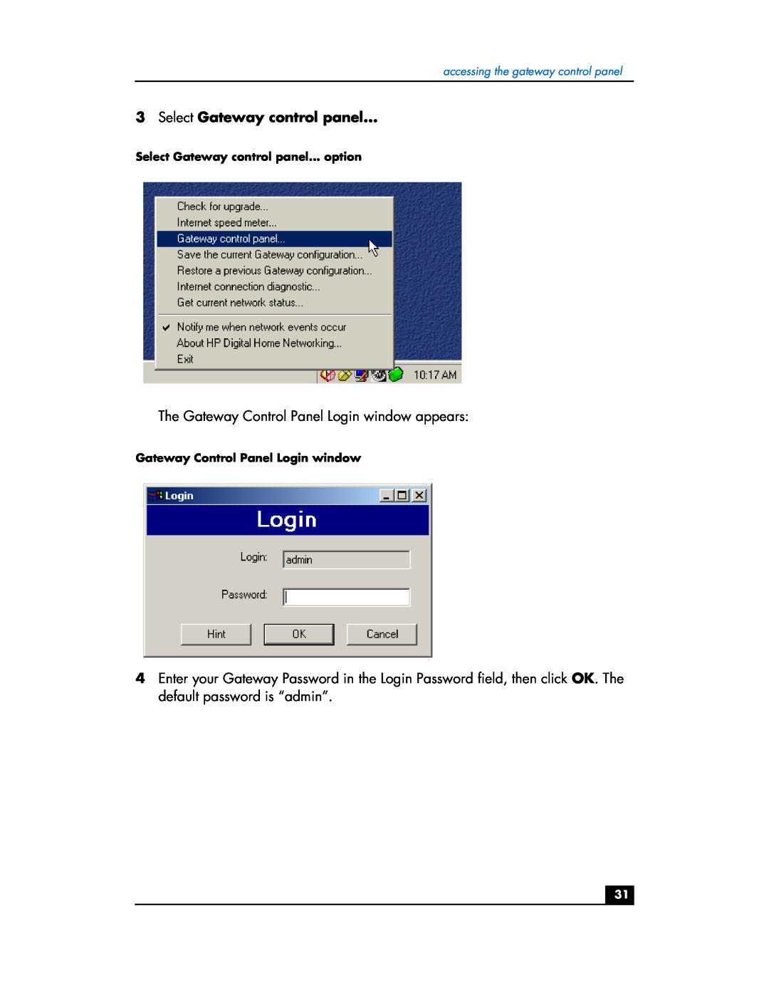 HP hn200w manual Select Gateway control panel, The Gateway Control Panel Login window appears 