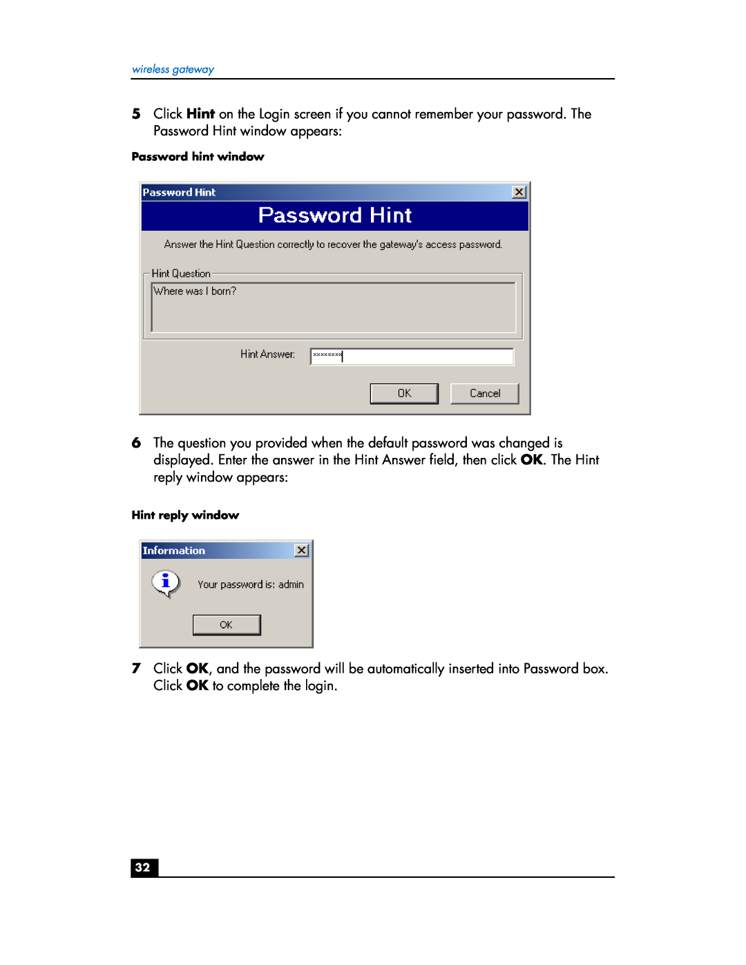 HP hn200w manual Password hint window, Hint reply window 