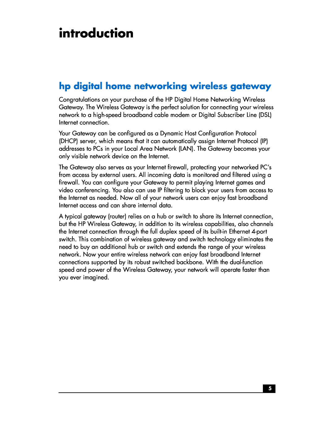 HP hn200w manual introduction, hp digital home networking wireless gateway 