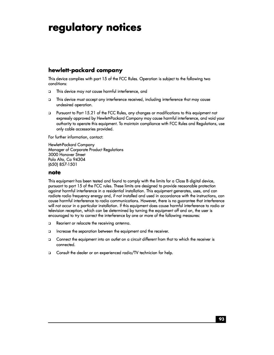 HP hn200w manual regulatory notices, hewlett-packard company 