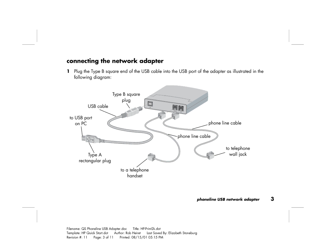 HP hn210p manual Connecting the network adapter, Type a Wall jack Rectangular plug To a telephone 