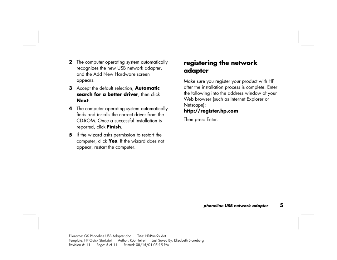 HP hn210p manual Registering the network adapter, Http//register.hp.com 