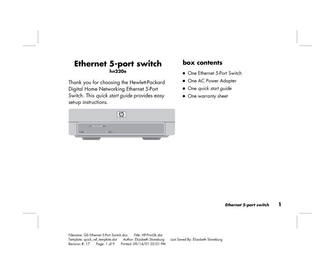 HP HN220E manual Ethernet 5-port switch, Box contents 