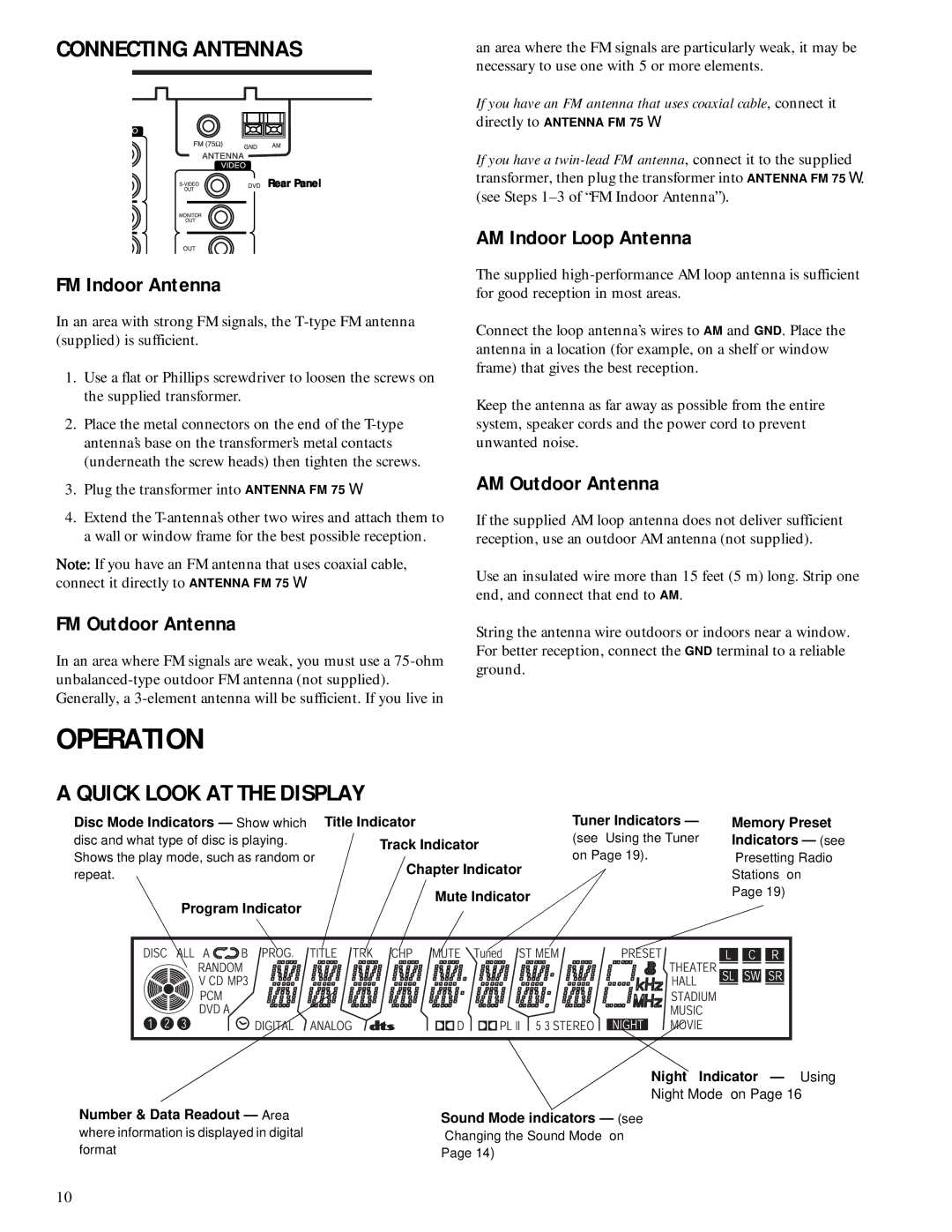 HP Home Theater Audio System manual Operation, Connecting Antennas, Quick Look AT the Display 