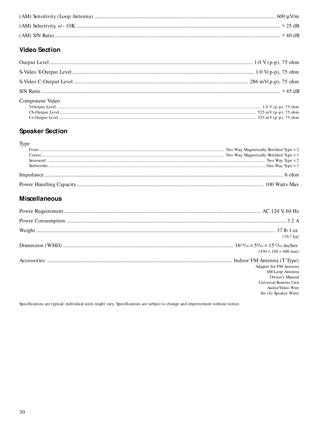 HP Home Theater Audio System manual Video Section, Speaker Section, Miscellaneous 