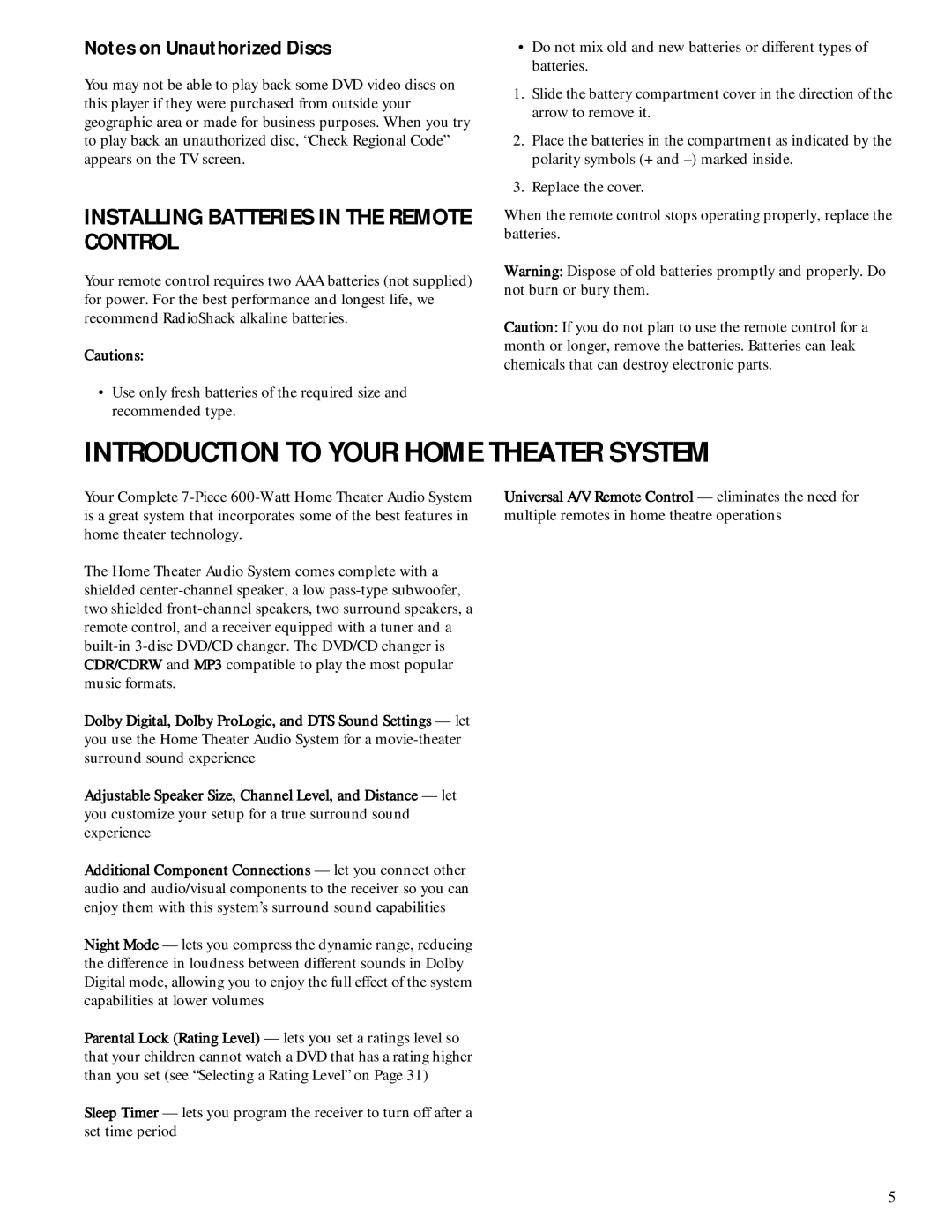 HP Home Theater Audio System manual Introduction to Your Home Theater System, Installing Batteries in the Remote Control 