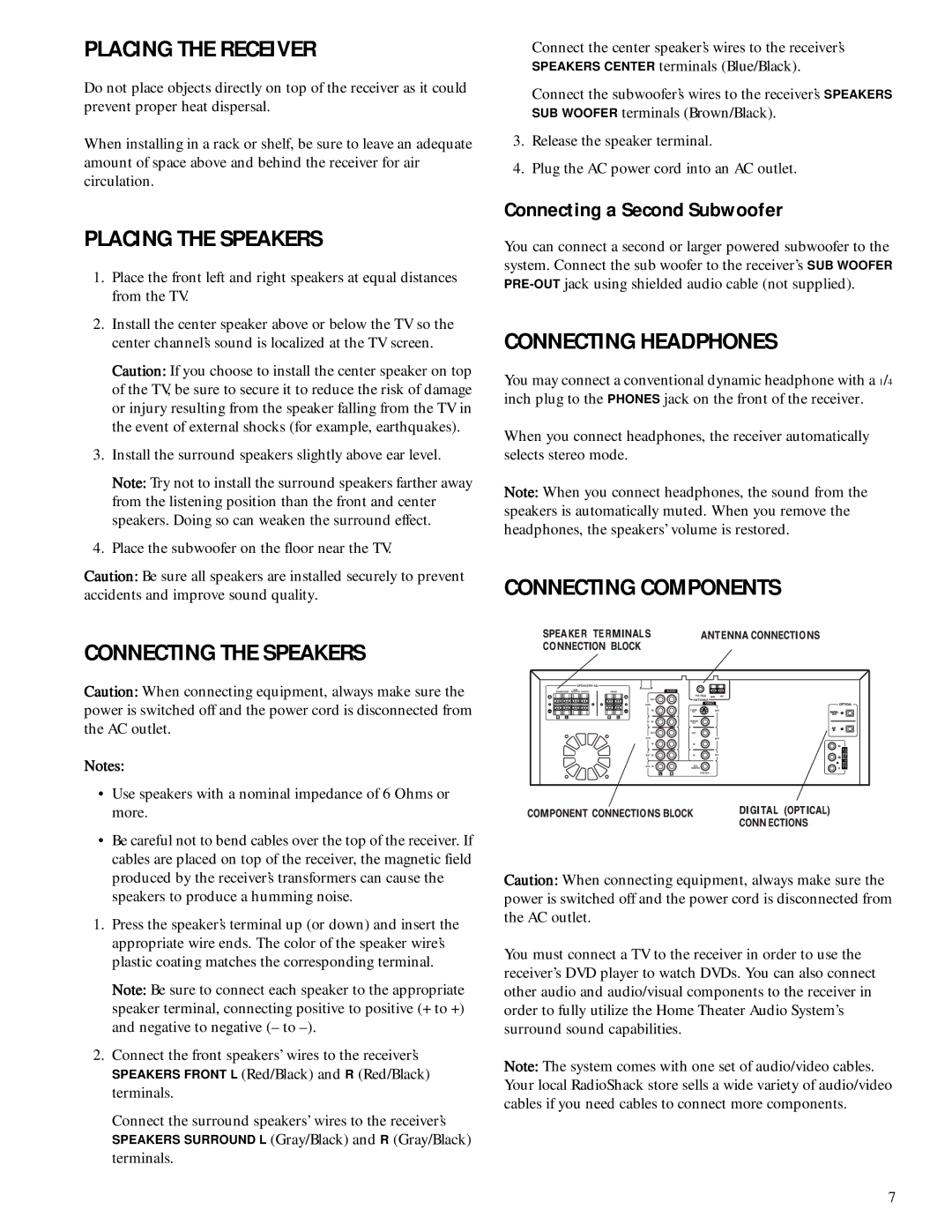 HP Home Theater Audio System Placing the Receiver, Placing the Speakers, Connecting the Speakers, Connecting Headphones 