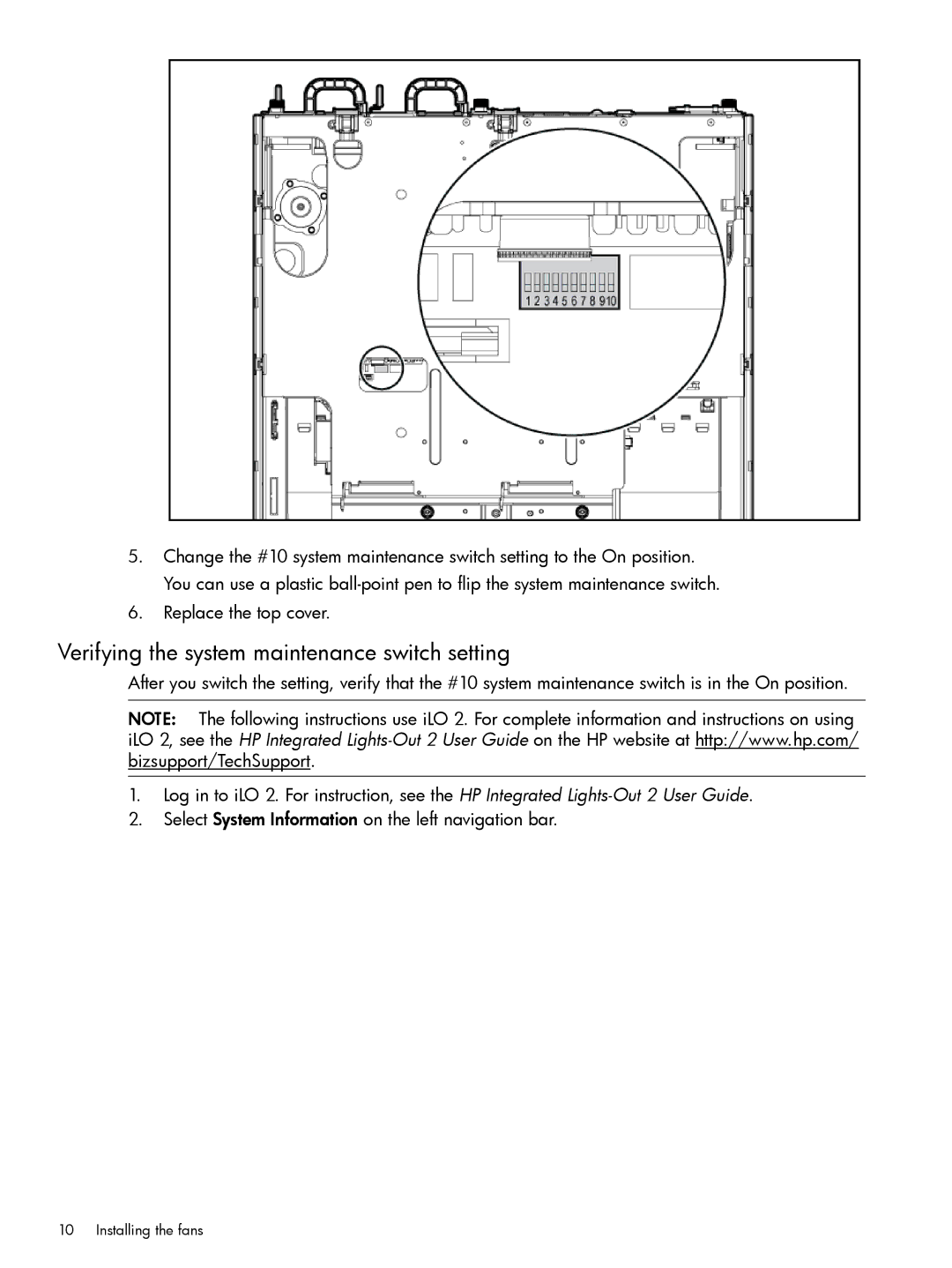 HP Home Theater Server DL380 manual Verifying the system maintenance switch setting 