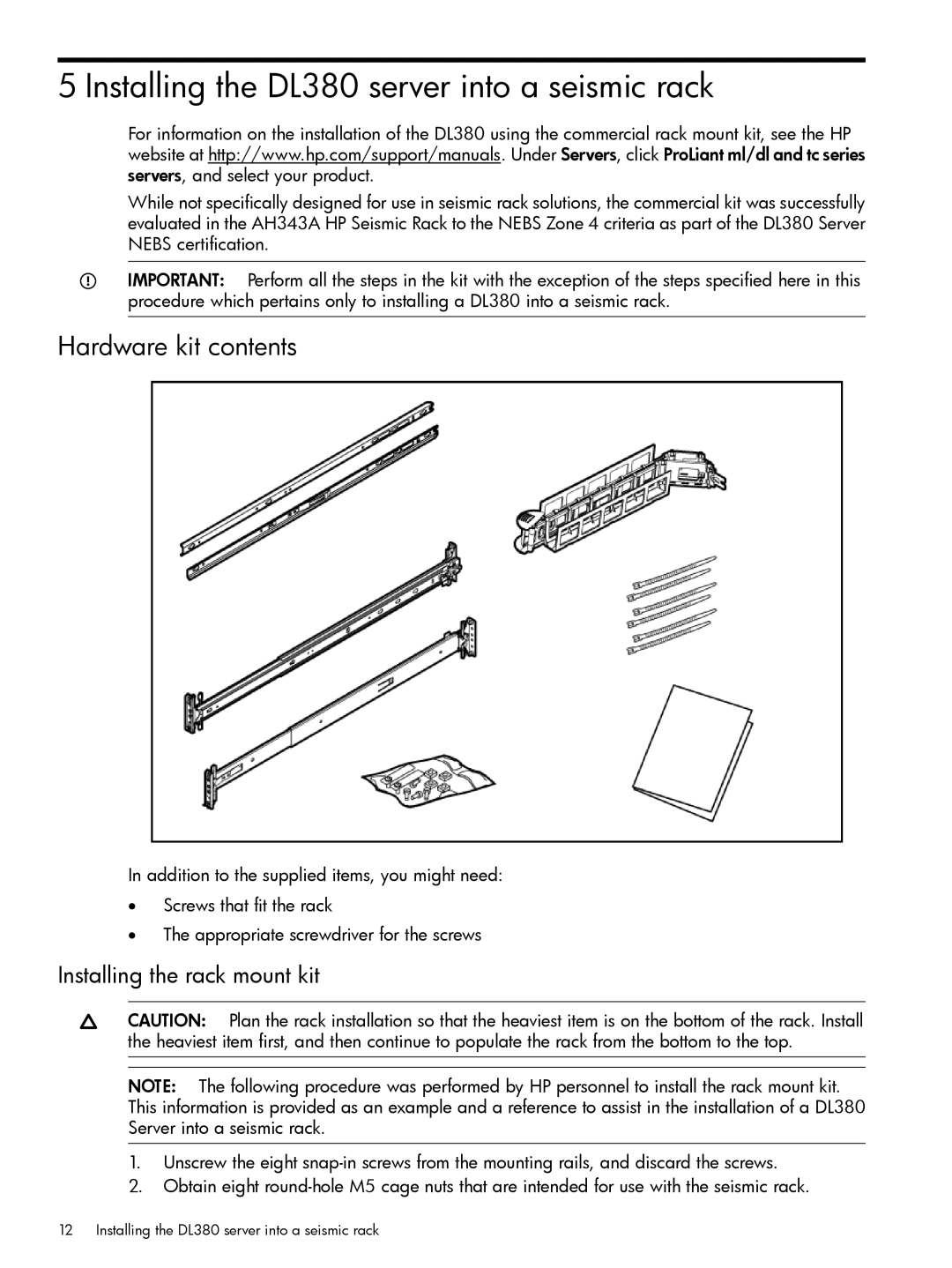 HP Home Theater Server DL380 manual Installing the DL380 server into a seismic rack, Hardware kit contents 