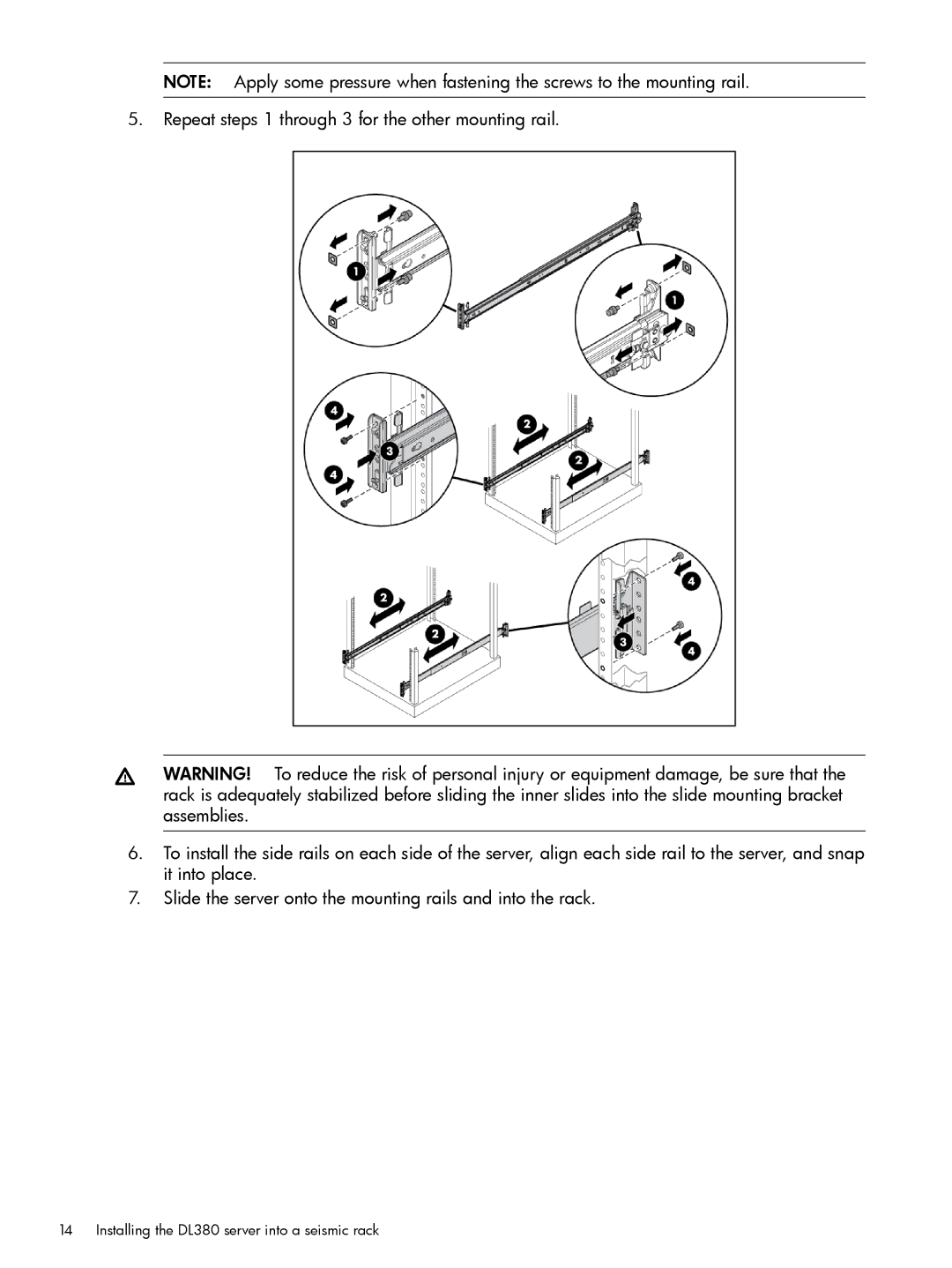 HP Home Theater Server DL380 manual Installing the DL380 server into a seismic rack 