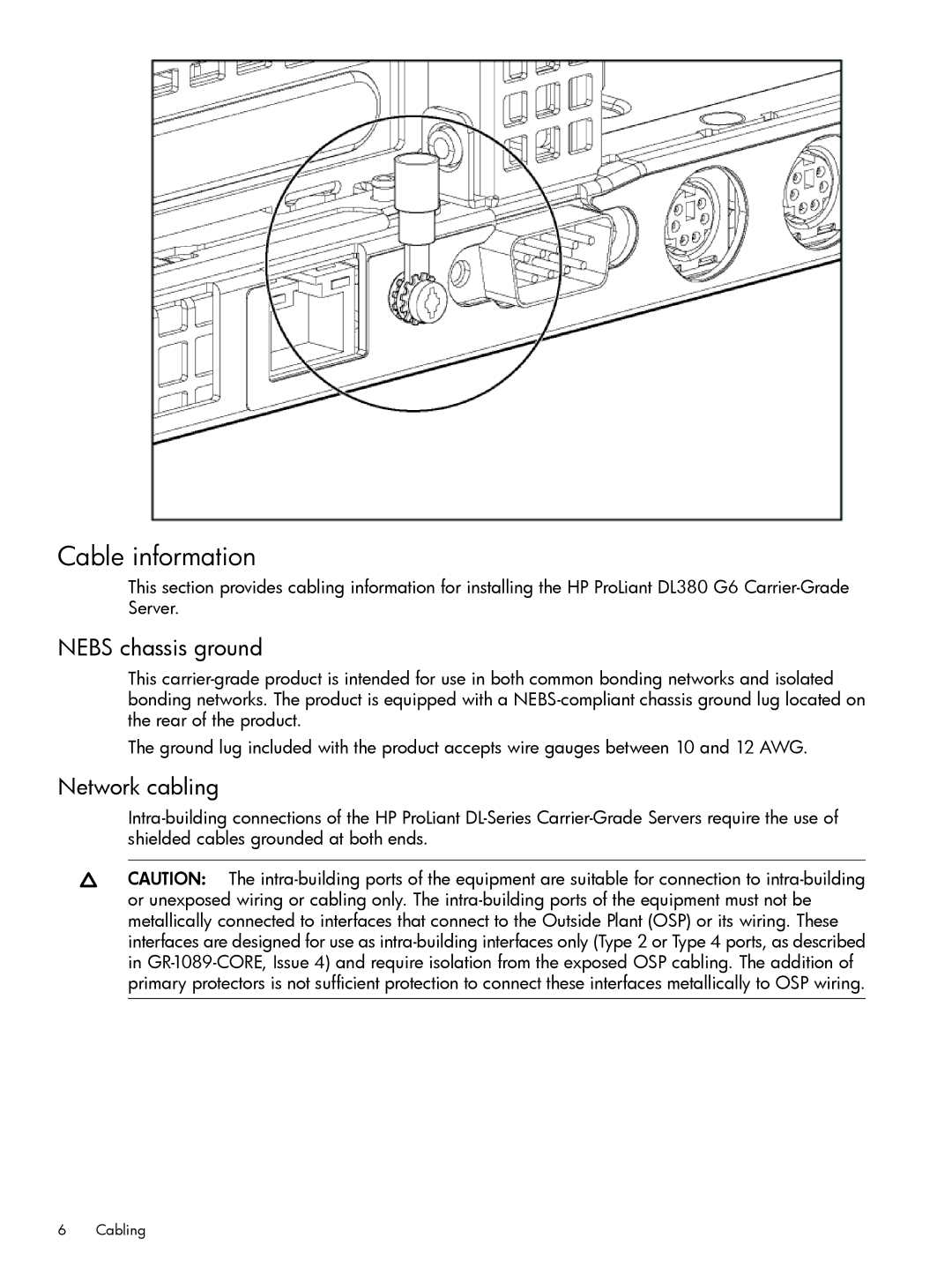 HP Home Theater Server DL380 manual Cable information, Nebs chassis ground, Network cabling 