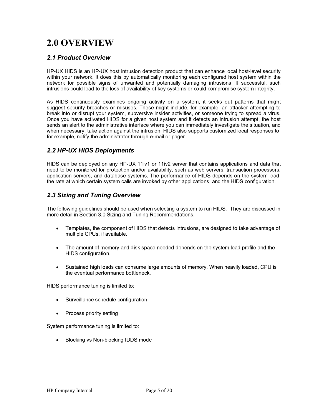 HP Host Intrusion Detection System (HIDS) manual Product Overview, HP-UX Hids Deployments, Sizing and Tuning Overview 