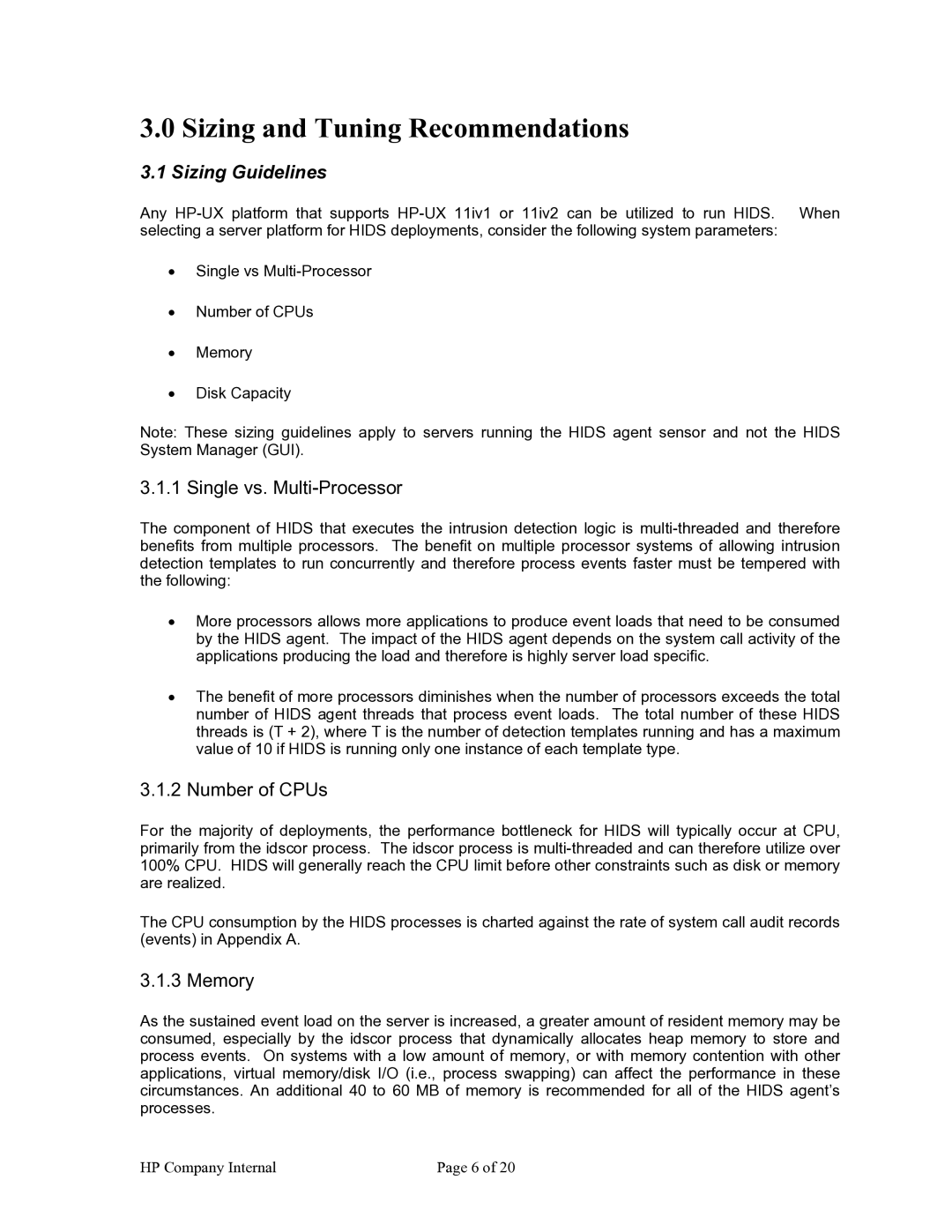 HP Host Intrusion Detection System (HIDS) manual Sizing and Tuning Recommendations, Sizing Guidelines 