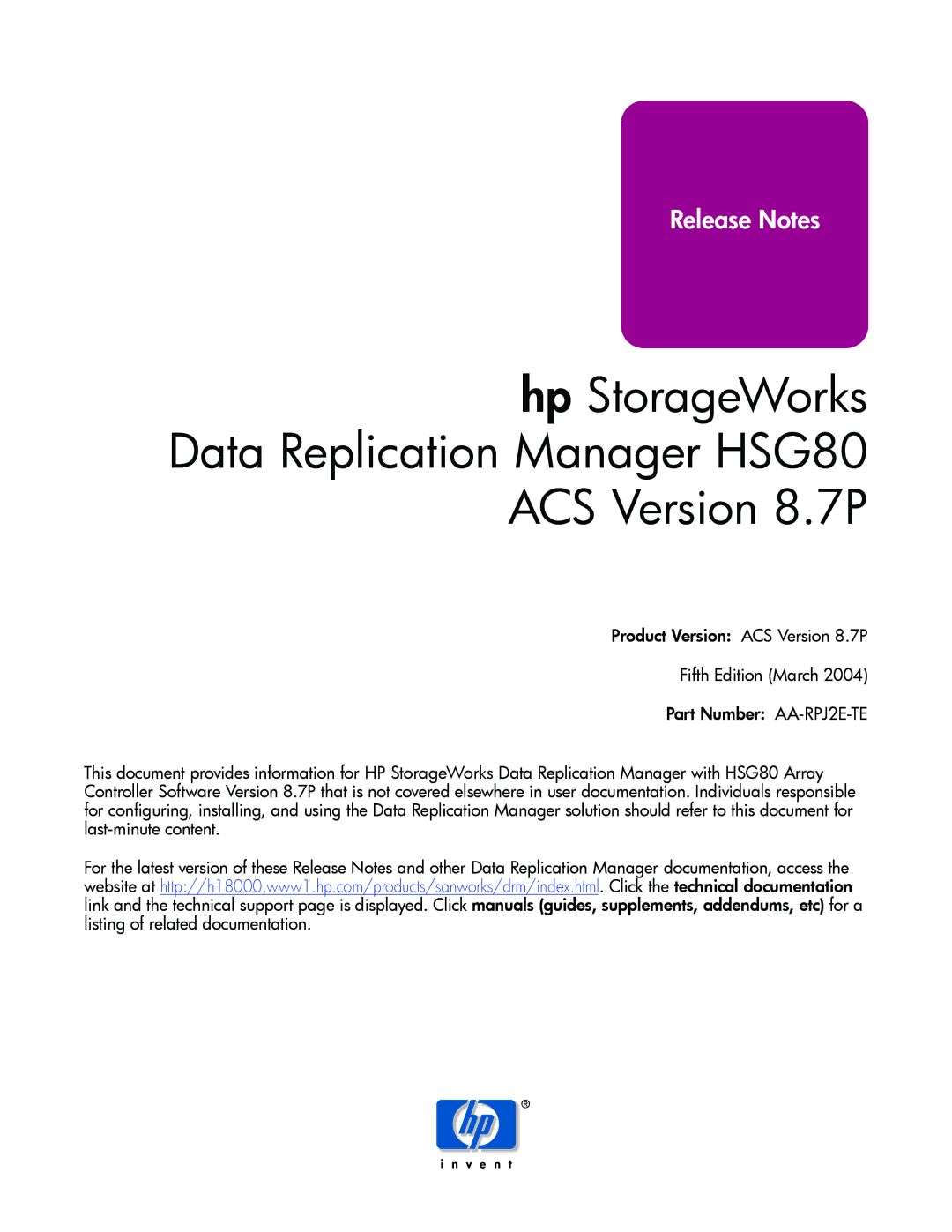 HP HSG80 manual Release Notes 