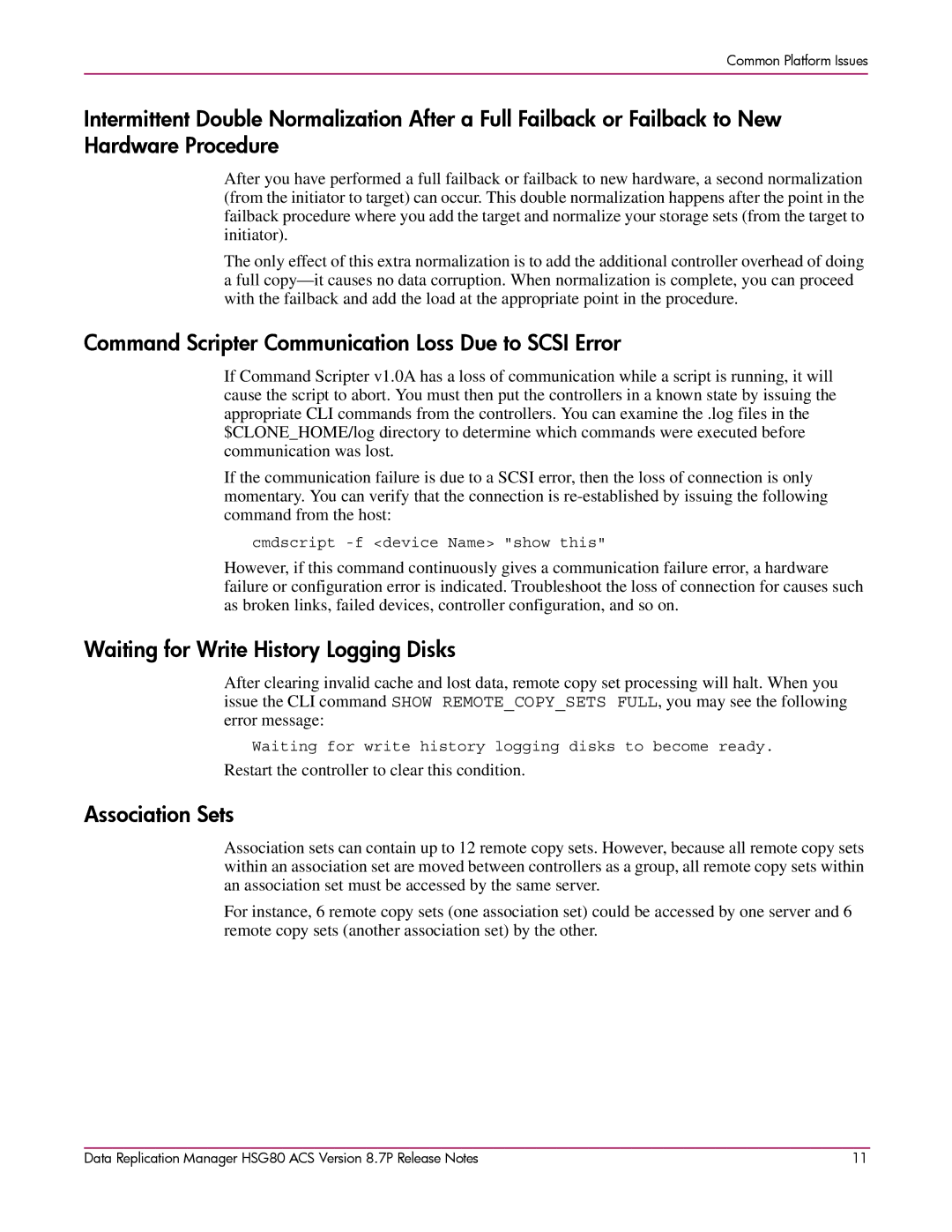 HP HSG80 Command Scripter Communication Loss Due to Scsi Error, Waiting for Write History Logging Disks, Association Sets 