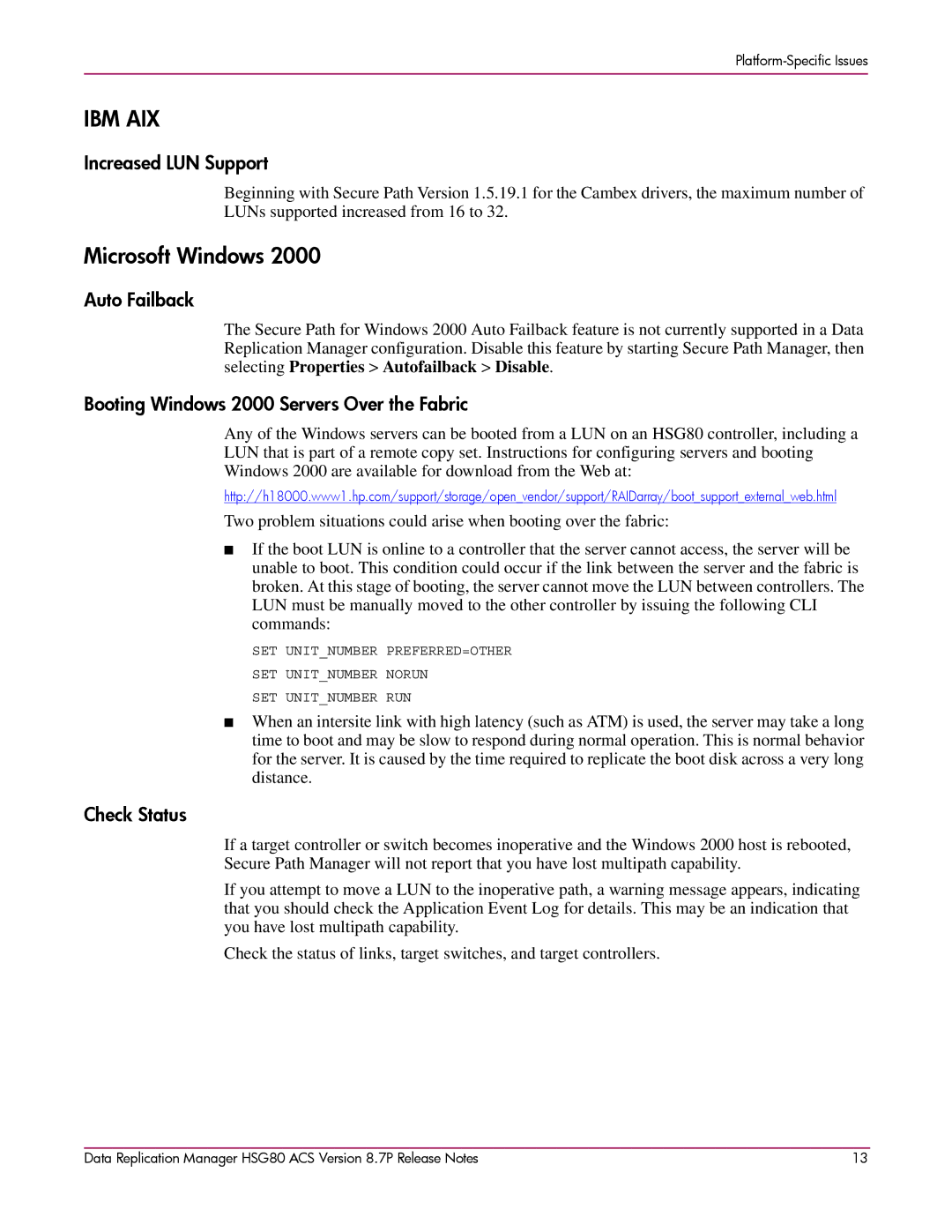 HP HSG80 manual Microsoft Windows, Increased LUN Support, Auto Failback, Booting Windows 2000 Servers Over the Fabric 