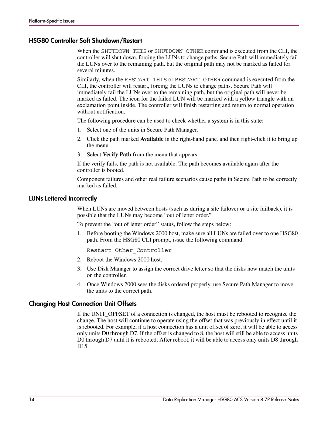 HP manual HSG80 Controller Soft Shutdown/Restart, LUNs Lettered Incorrectly, Changing Host Connection Unit Offsets 