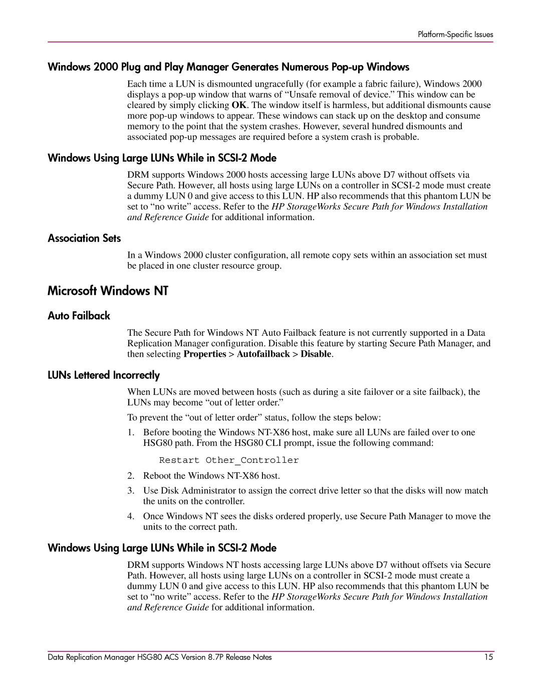 HP HSG80 manual Microsoft Windows NT, Windows Using Large LUNs While in SCSI-2 Mode, Association Sets 