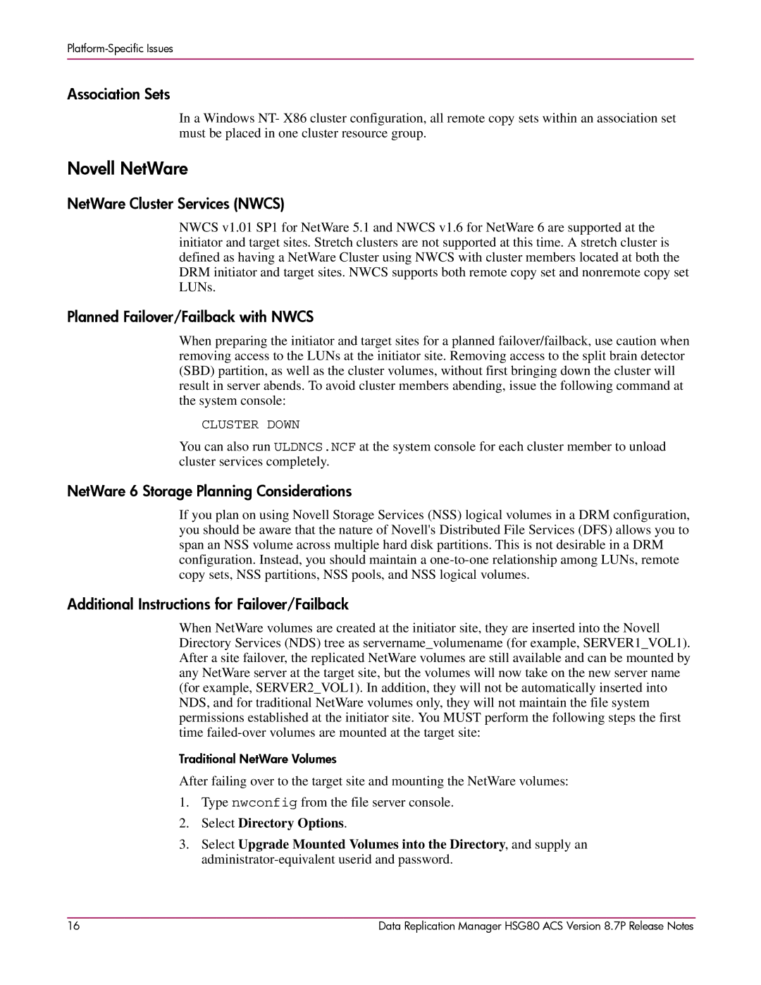 HP HSG80 manual Novell NetWare, NetWare Cluster Services Nwcs, Planned Failover/Failback with Nwcs 