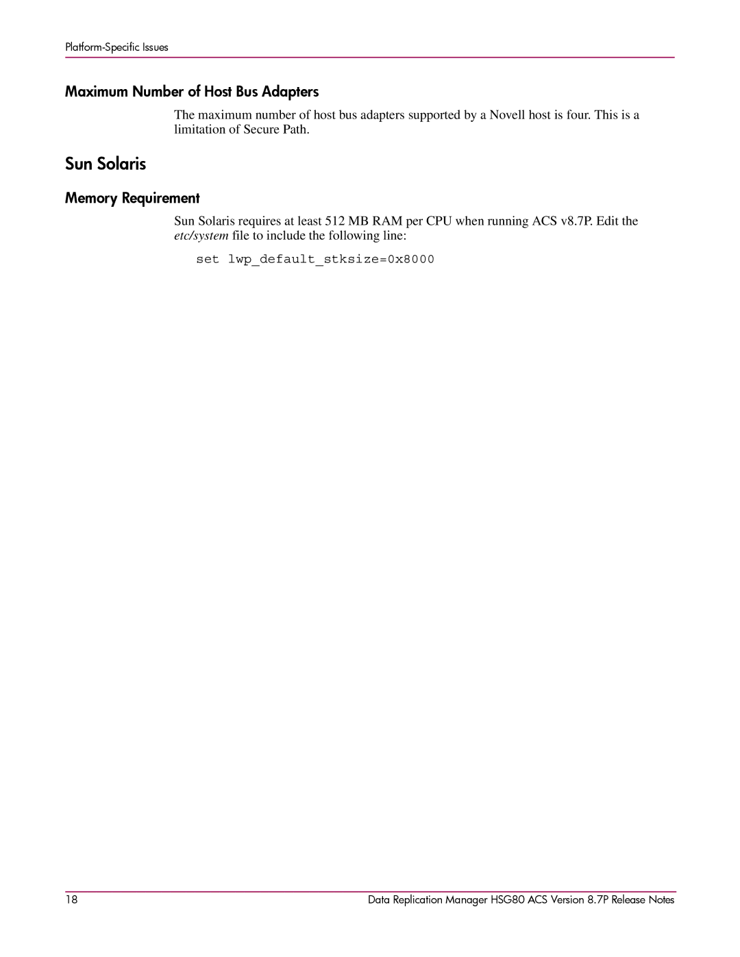 HP HSG80 manual Sun Solaris, Maximum Number of Host Bus Adapters, Memory Requirement 