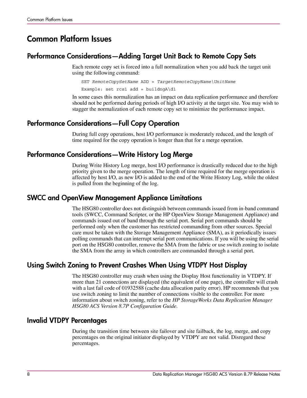 HP HSG80 manual Common Platform Issues, Performance Considerations-Full Copy Operation, Invalid Vtdpy Percentages 