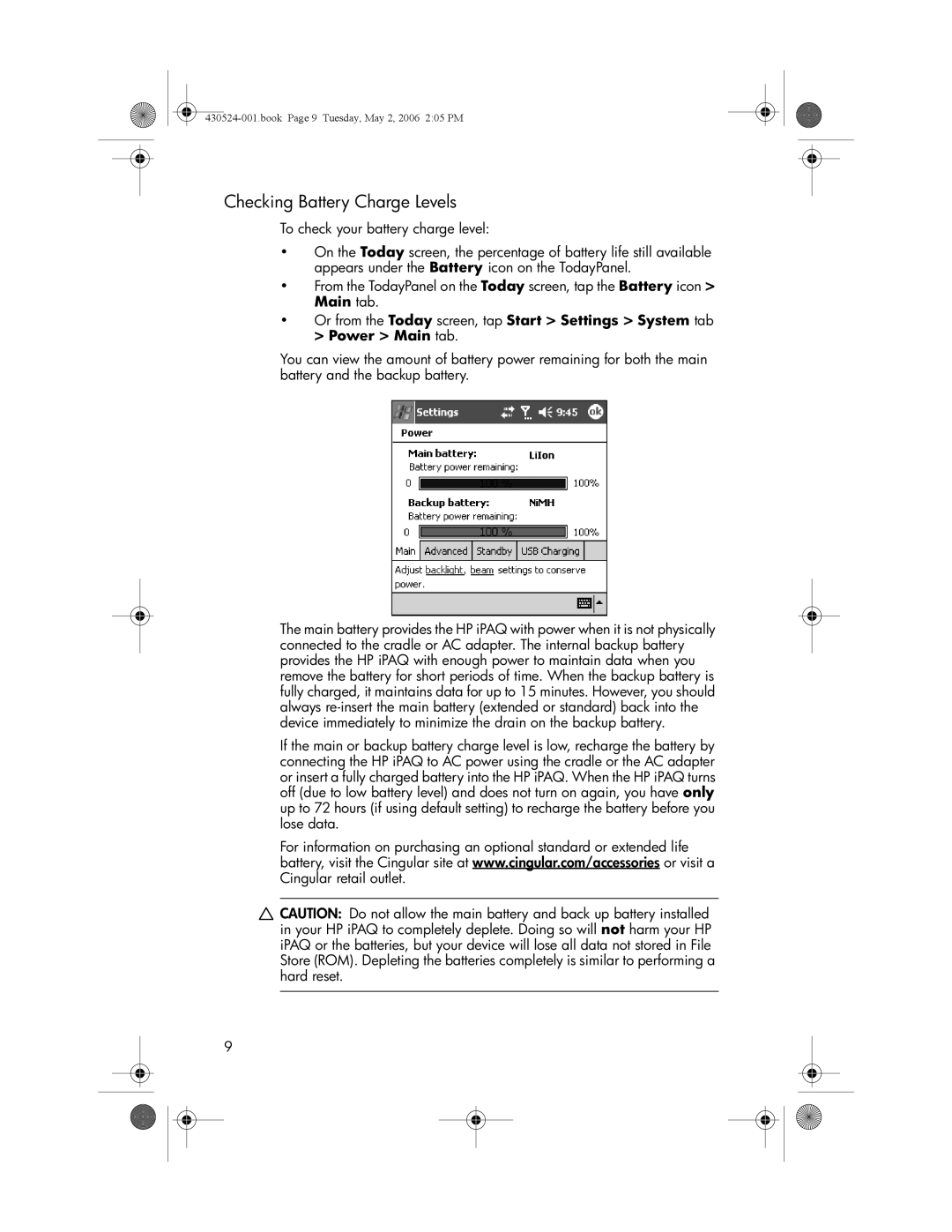 HP hw6500 Cingular manual Checking Battery Charge Levels 