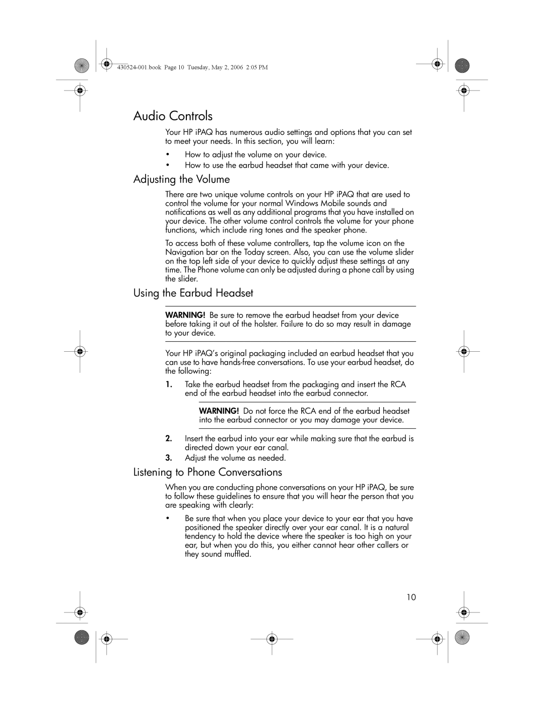 HP hw6500 Cingular manual Audio Controls, Adjusting the Volume, Using the Earbud Headset, Listening to Phone Conversations 