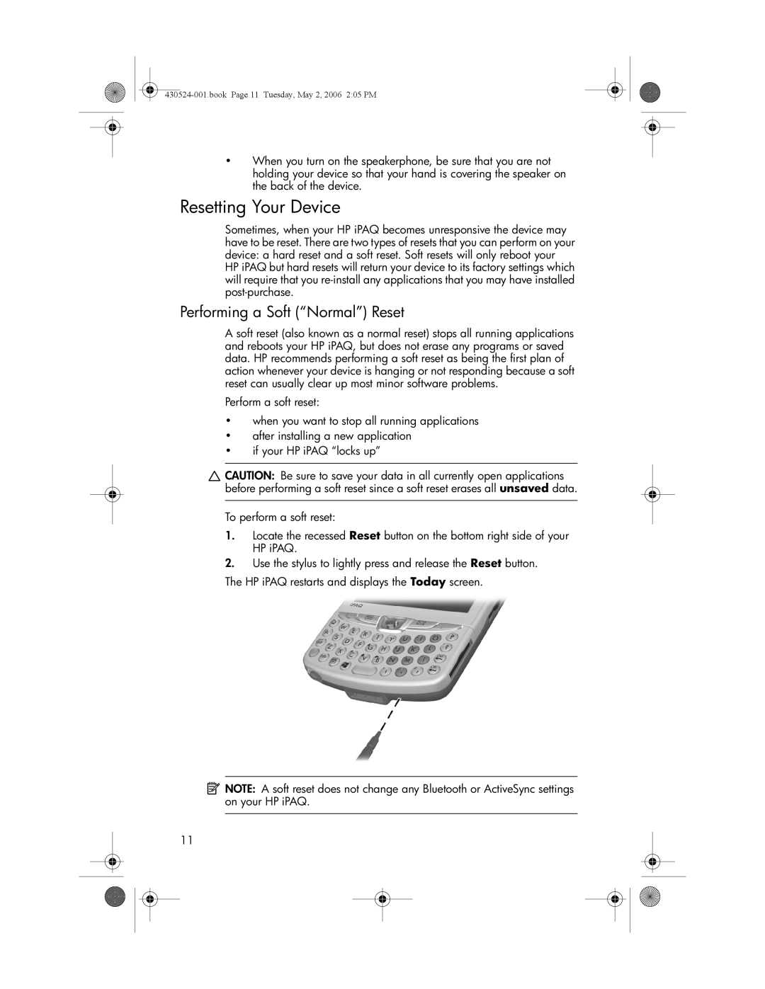 HP hw6500 Cingular manual Resetting Your Device, Performing a Soft Normal Reset 