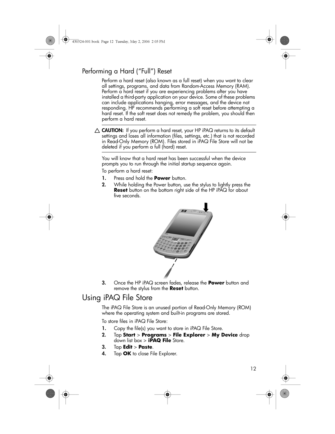 HP hw6500 Cingular manual Using iPAQ File Store, Performing a Hard Full Reset 