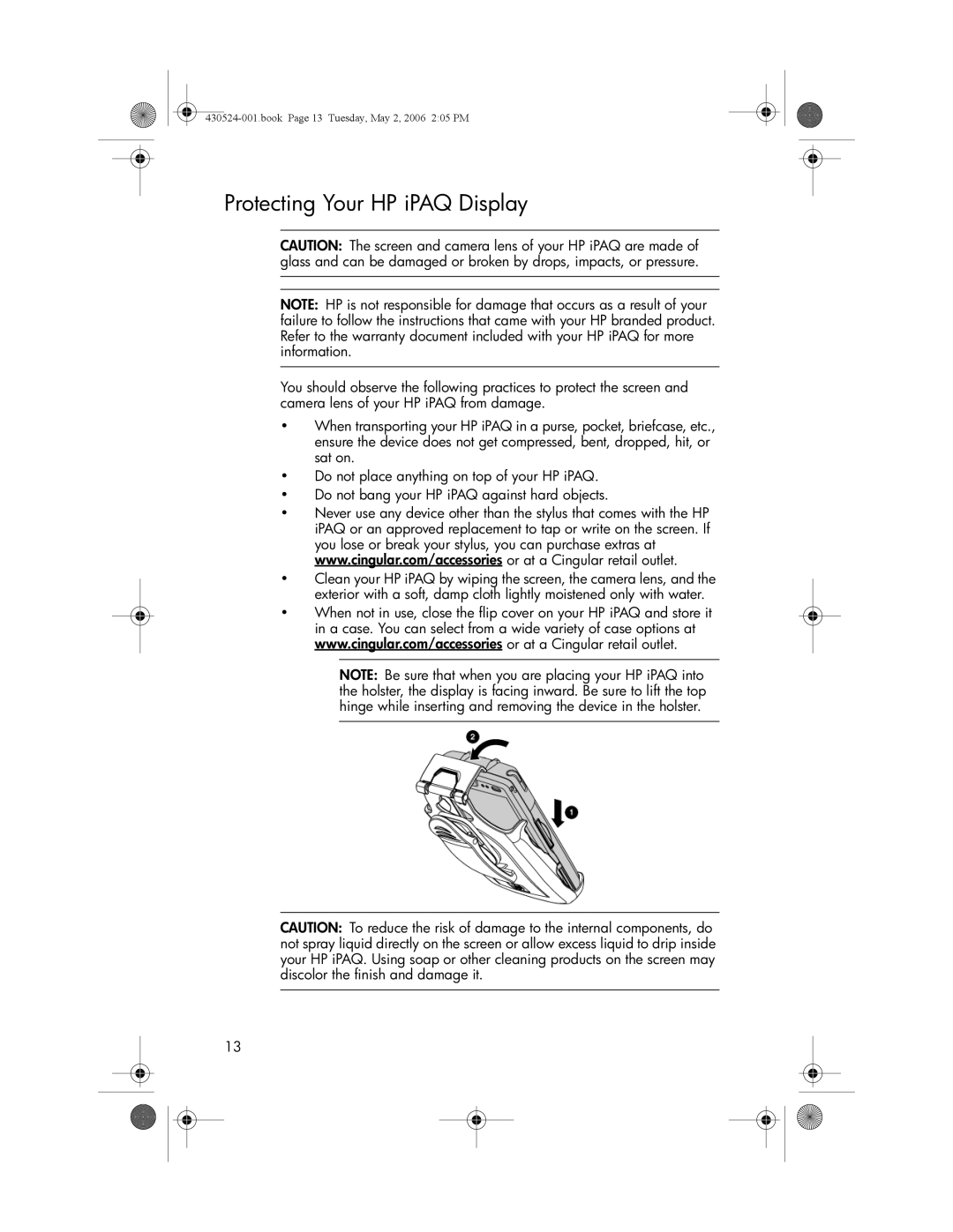 HP hw6500 Cingular manual Protecting Your HP iPAQ Display 