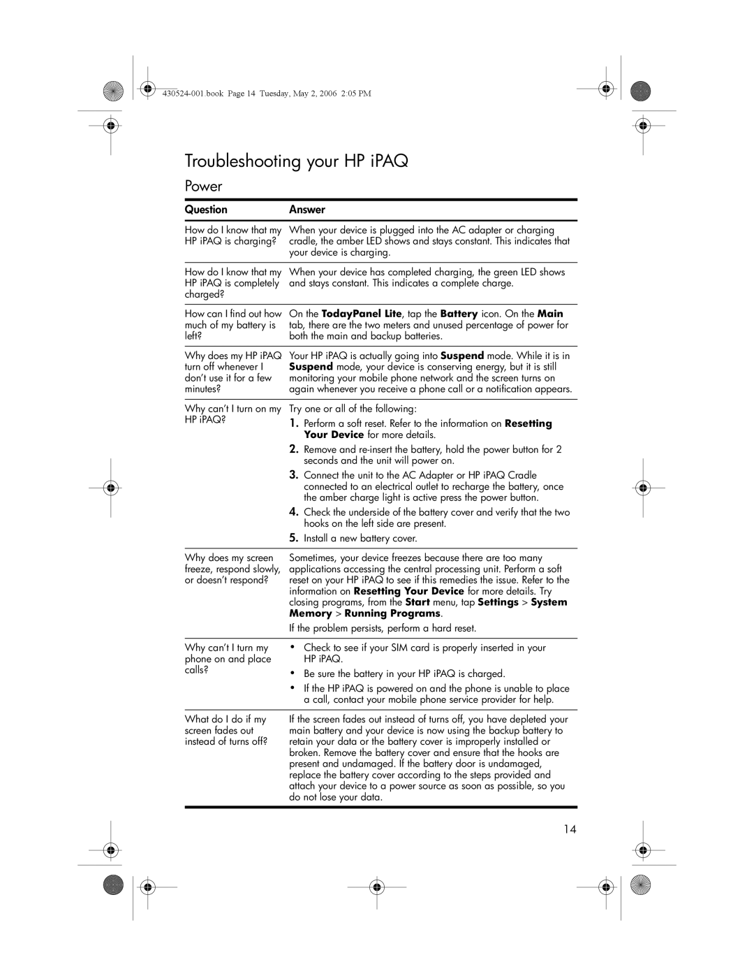 HP hw6500 Cingular manual Troubleshooting your HP iPAQ, Power, Memory Running Programs 