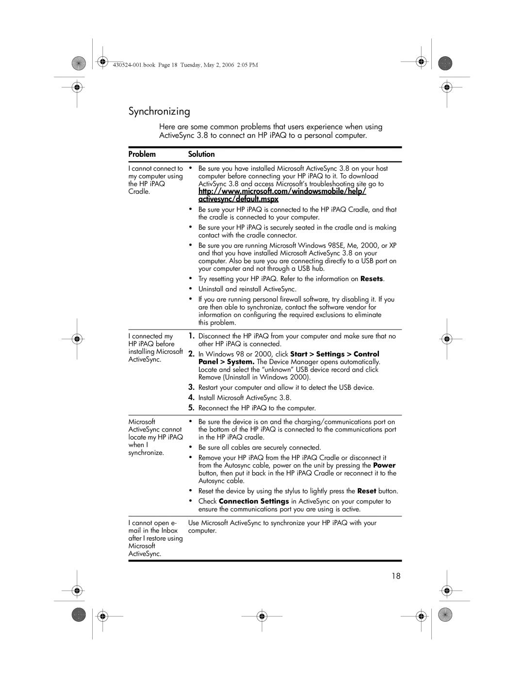 HP hw6500 Cingular manual Synchronizing, Activesync/default.mspx 