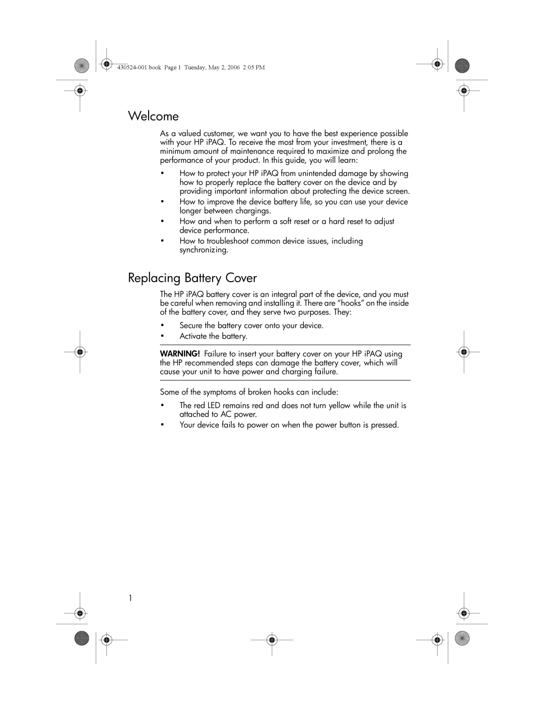 HP hw6500 Cingular manual Welcome, Replacing Battery Cover 