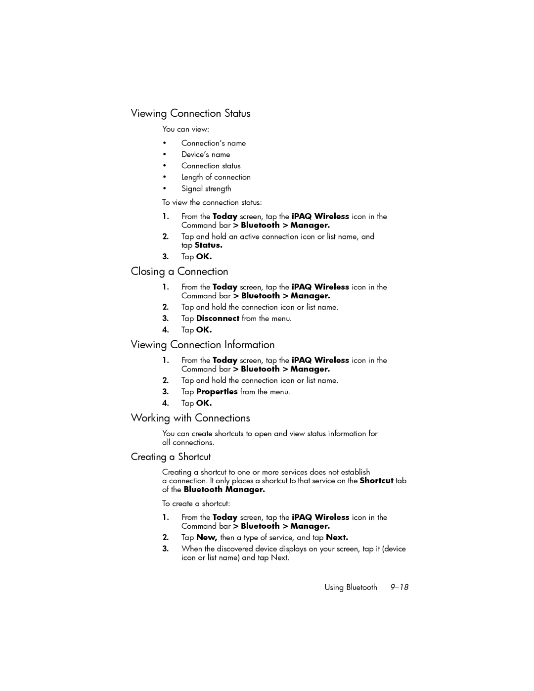 HP hw6500 Cingular Viewing Connection Status, Closing a Connection, Viewing Connection Information, Creating a Shortcut 