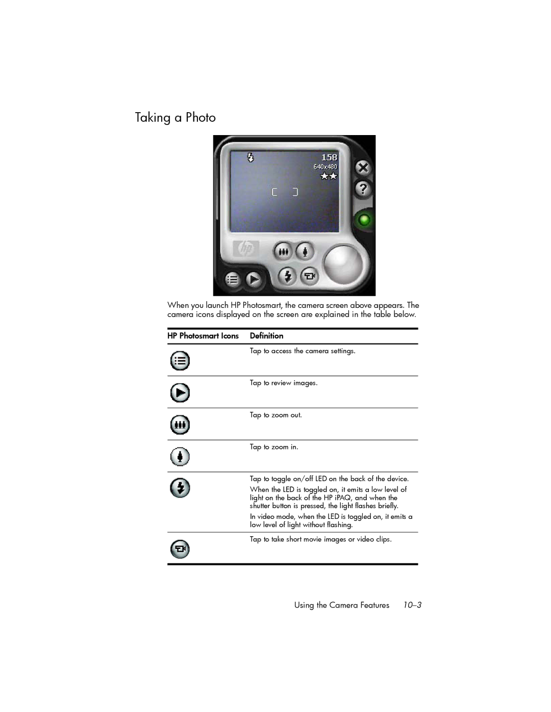 HP hw6500 Cingular manual Taking a Photo, HP Photosmart Icons Definition 