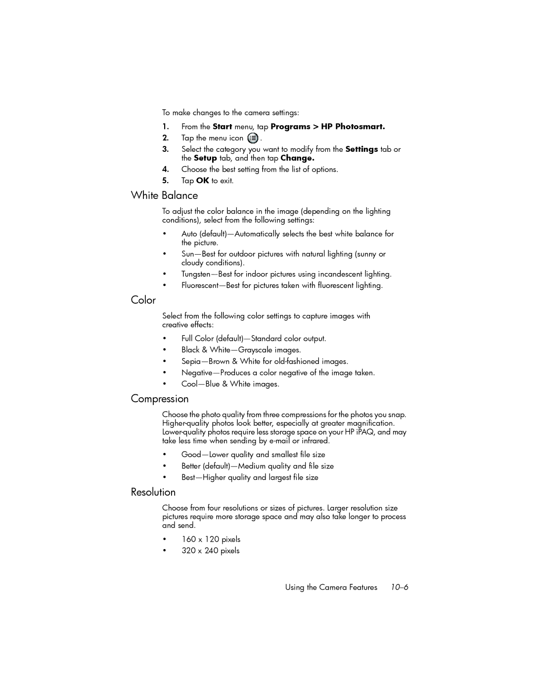 HP hw6500 Cingular manual White Balance, Color, Compression, Resolution, To make changes to the camera settings 