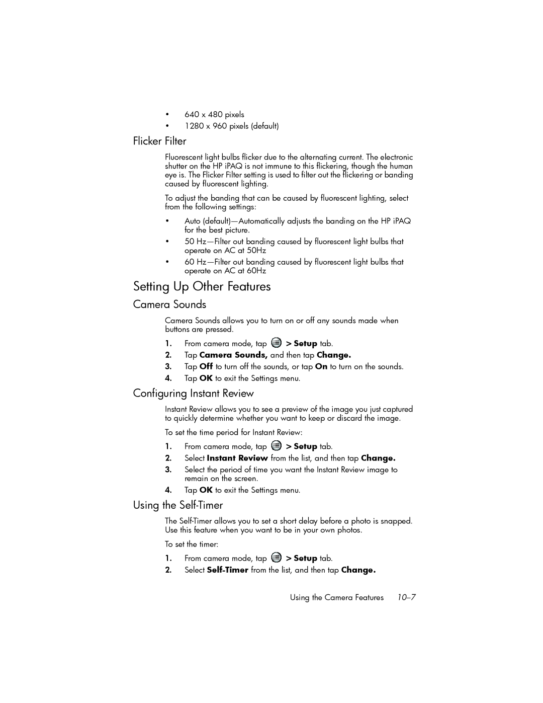 HP hw6500 Cingular manual Setting Up Other Features, Flicker Filter, Camera Sounds, Configuring Instant Review 