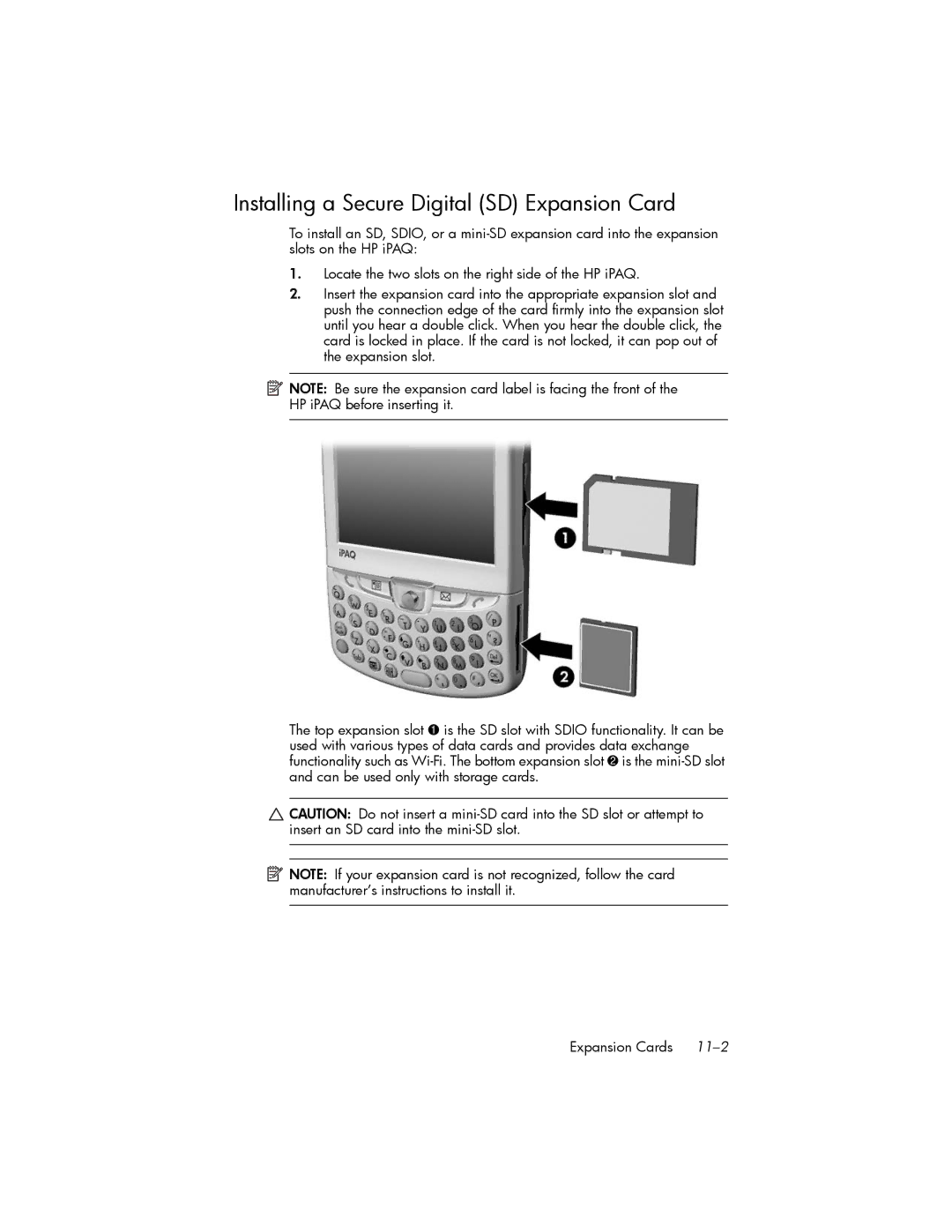 HP hw6500 Cingular manual Installing a Secure Digital SD Expansion Card 