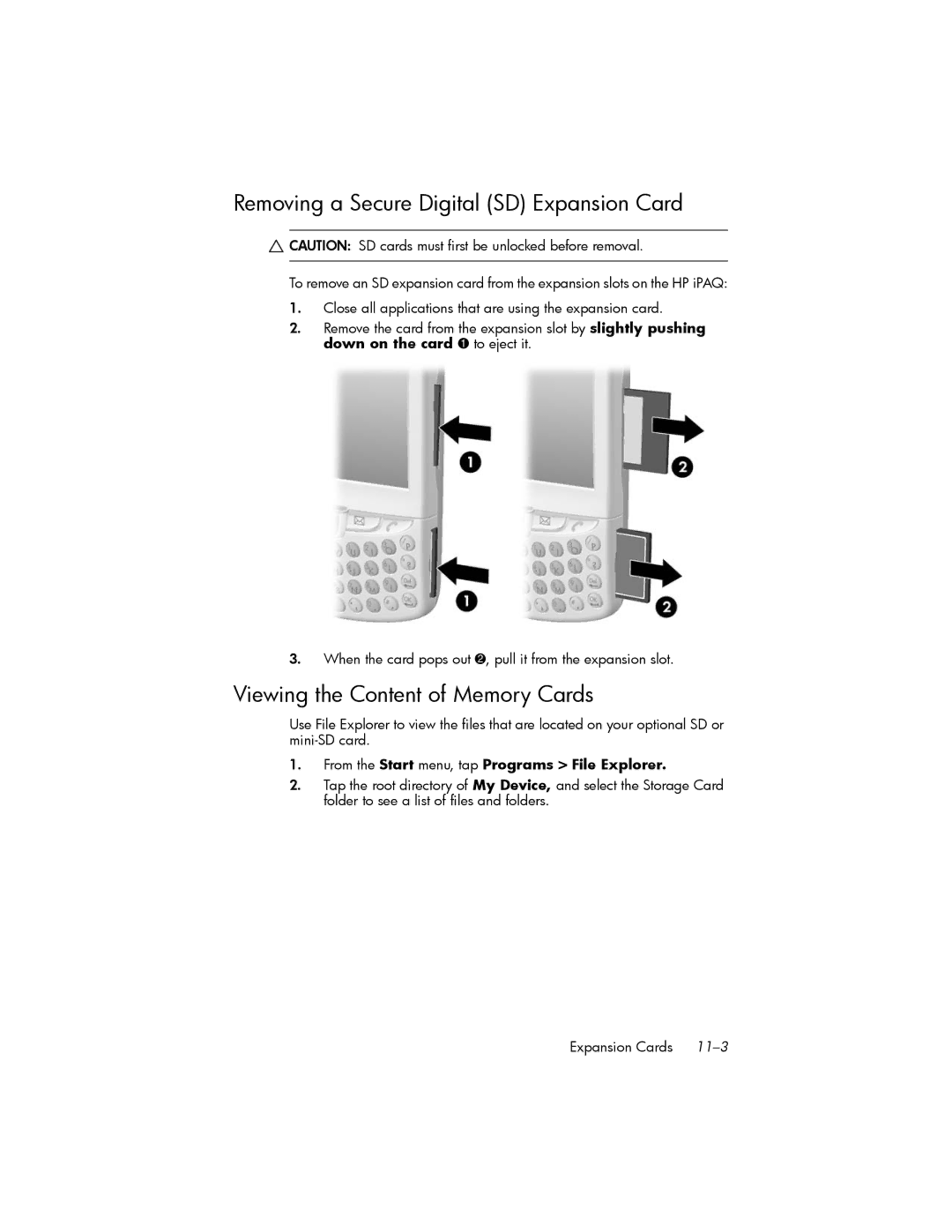 HP hw6500 Cingular manual Removing a Secure Digital SD Expansion Card, Viewing the Content of Memory Cards 