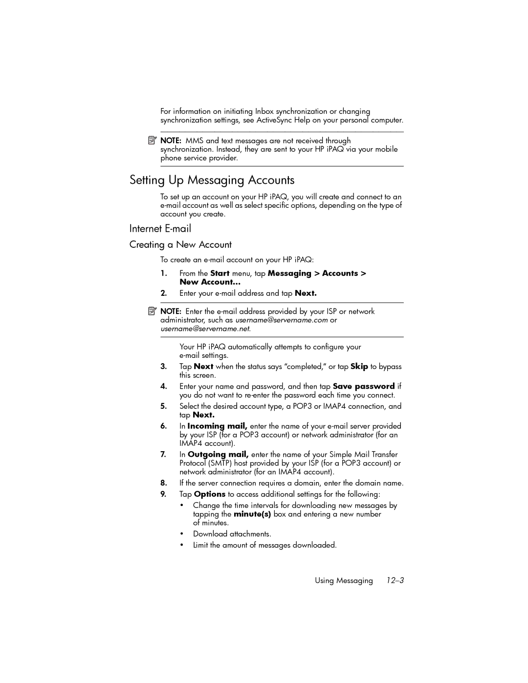 HP hw6500 Cingular manual Setting Up Messaging Accounts, Internet E-mail, Creating a New Account 