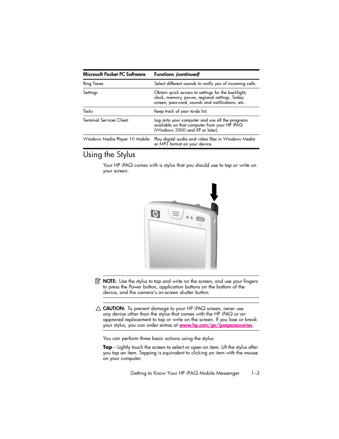 HP hw6500 Cingular manual Using the Stylus, Microsoft Pocket PC Software 